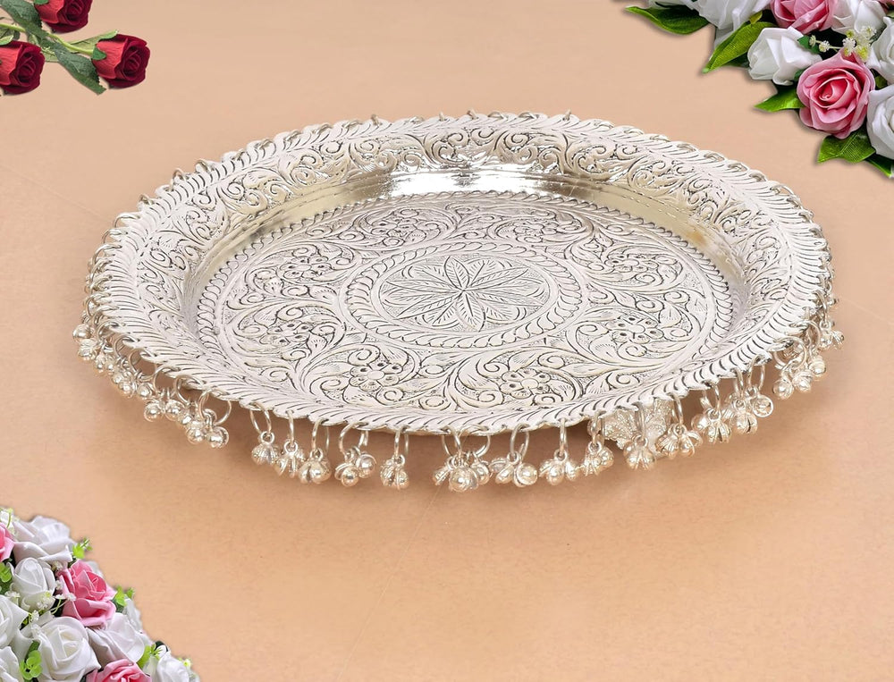 German Silver Pooja/Aarti Thali with Ghungroo (Height: 11 Inches)