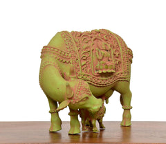 Brass Kamdhenu cow and calf statue, Lakshmi relief on raised embossed frame