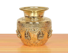 Brass kalash with detailed relief deities and textured diamond panel across neck