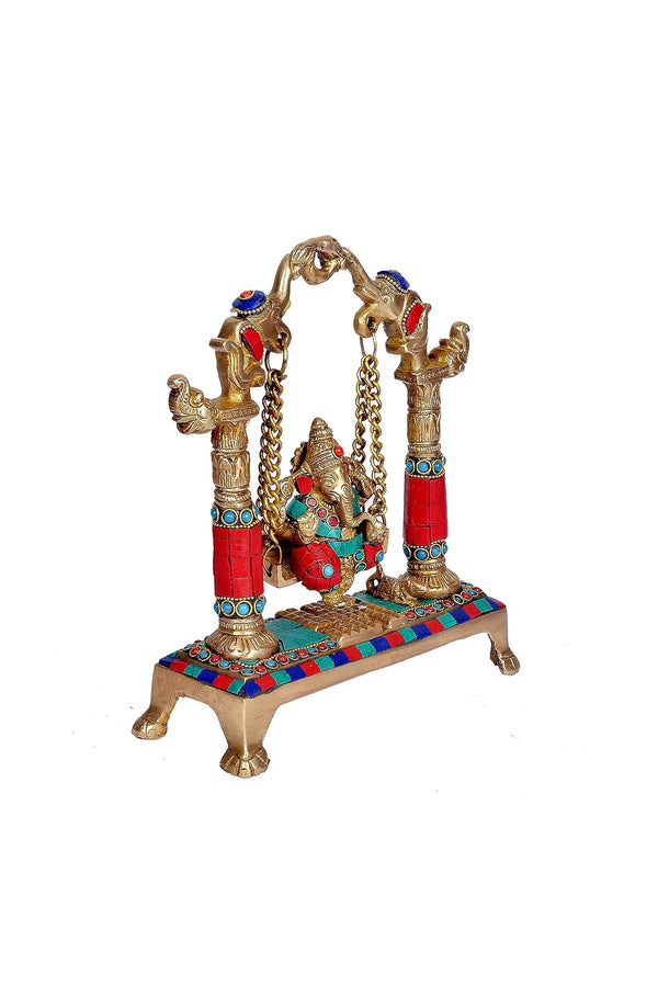 Brass Lord Ganesha on a Swing (Height 8.5 Inches) Study Setting