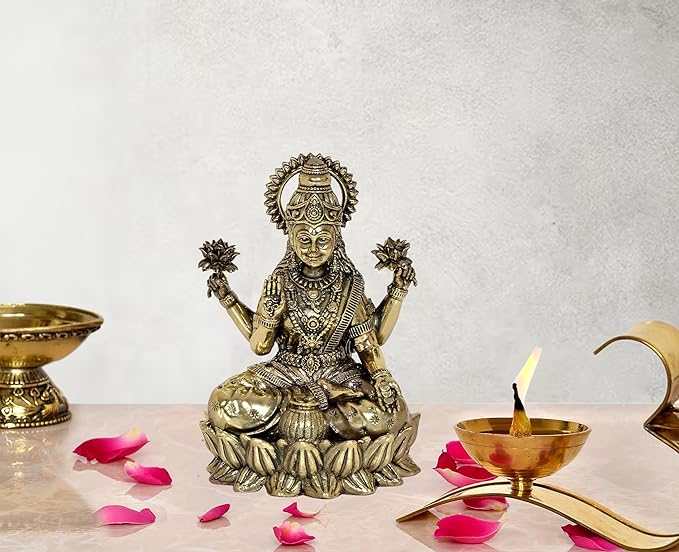 AONA Brass Lakshmi statue idol, seated with four hands, ornate crown, 5-inch