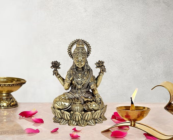 Fine Brass Lakshmi Laxmi Statue Idol Murti for Home Temple Office Mandir, (Height: 5 Inch) Mandir Setting