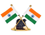 Metal Indian flag ornament with two crossed flags and dark Vande Mataram panel