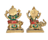 Brass Lakshmi & Ganesha deity statues, colorful enamel dots and jeweled painted accents