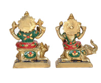 Brass Lakshmi & Ganesha deity statues, colorful enamel dots and jeweled painted accents