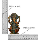 Lord Ganesha statue, brass tone with painted blue/green accents; size chart shown