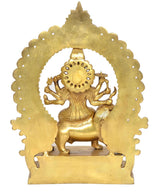 Brass Durga maa statue with lion support and circular halo, full front view