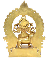 Brass Durga maa statue with lion support and circular halo, full front view