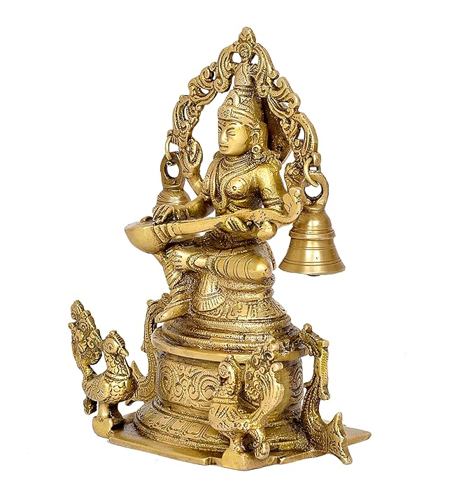 Brass Goddess Saraswati Sitting On Throne (Height: 8 Inch)