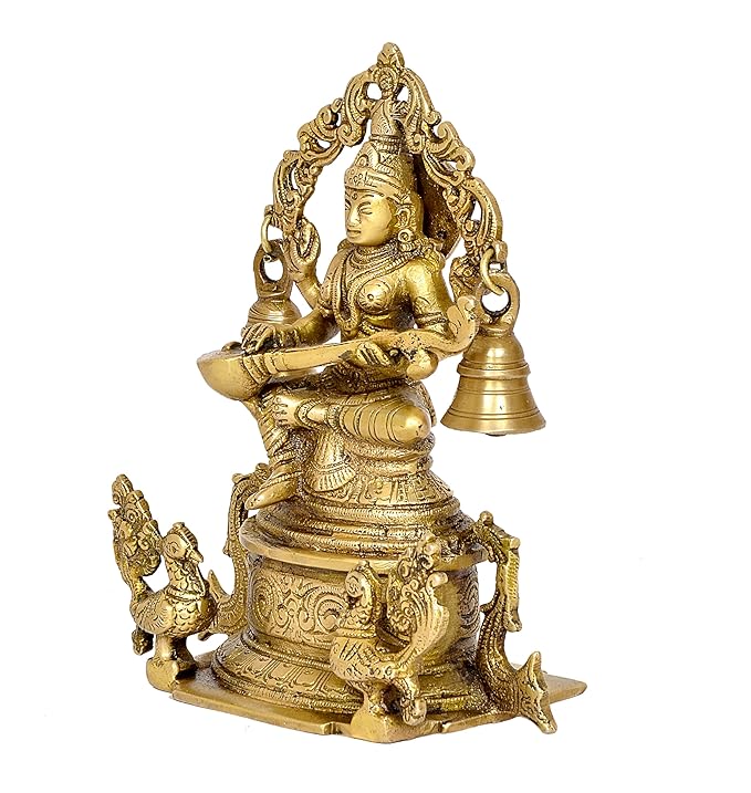 Brass Goddess Saraswati Sitting On Swan Devi of Study Maa Saraswati (Height: 8 Inch)