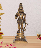 Brass Hanuman standing deity idol, raised blessing hand, ornate base
