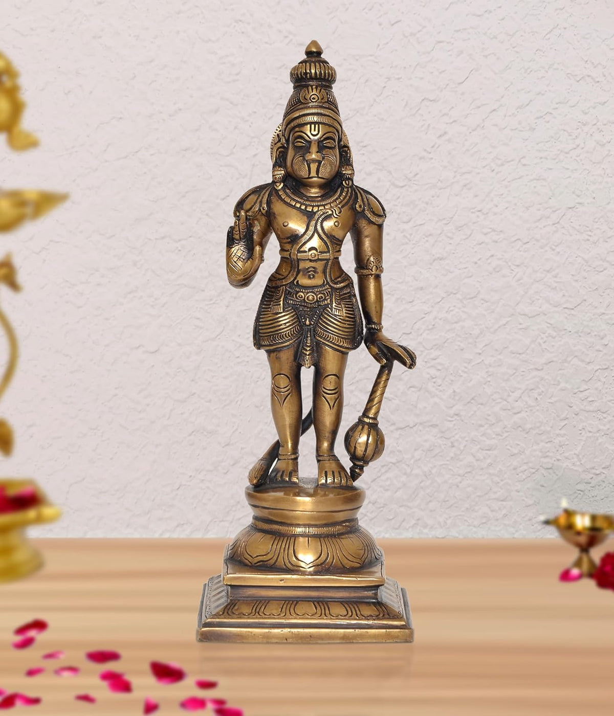 Brass Hanuman standing deity idol, raised blessing hand, ornate base