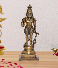 Brass Hanuman standing deity idol, raised blessing hand, ornate base
