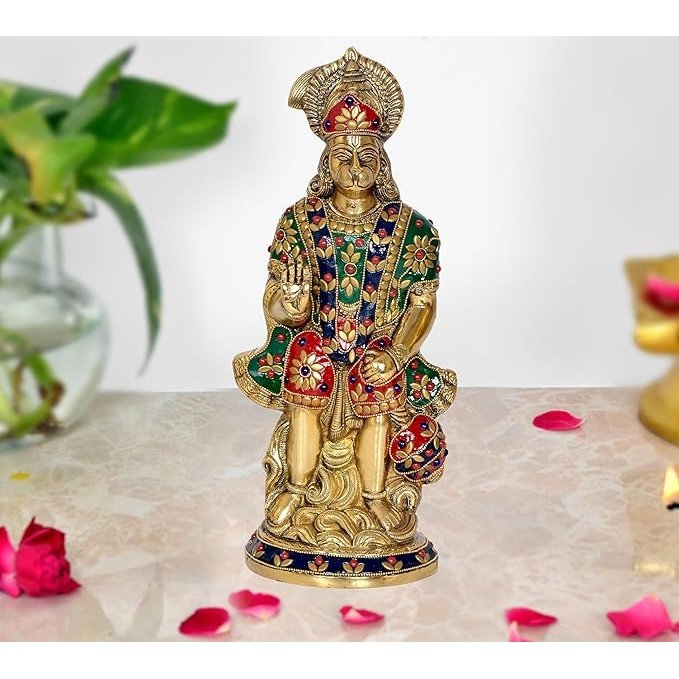 Brass Hanuman idol with colorful gemstone inlay, seated pose, raised hand
