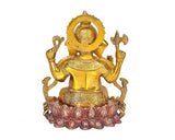Brass Ganesh statue, golden figure on pink lotus base, three-quarter view