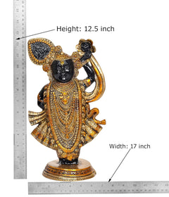 Brass Shreenathji figurine, height 12.5 in and width 17 in, gold and black design