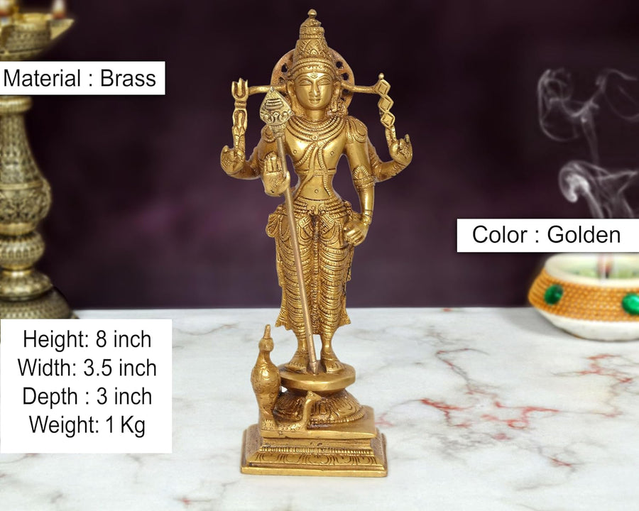 Brass Standing Lord Kartikeya with Peacock Murugan Murti (Height 8 Inch) Craft Detail