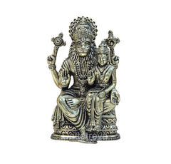 Bronze-toned Lakshmi Narasimha pooja statue, seated figure with detailed crown, front view