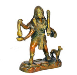 Brass Bhairav statue with dog, full-body front view, holding staff, 7-inch