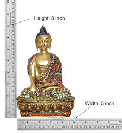 Brass-tone meditating Buddha statue, height 8 inch, width 5 inch (measuring view)