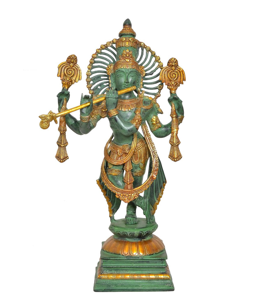 Brass Lord Krishna Sculpture Playing Flute (Height : 23 Inches)(Green) Craft Detail