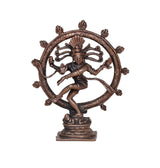 Copper Nataraja Shiva statue, dancing figure inside ornate circular frame, on base