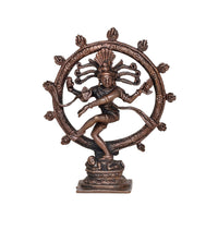 Copper Nataraja Shiva statue, dancing figure inside ornate circular frame, on base