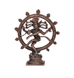 Copper Nataraja Shiva statue, dancing figure inside ornate circular frame, on base