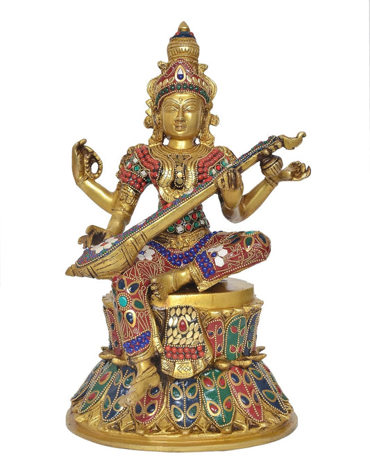 Brass Saraswati Seated on Lotus - Handcrafted Hindu Goddess Saraswati Idol for Home Decor and Pooja (Height 14 Inch)