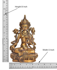 Brass Tara Devi statue size 8 in height, seated Green Tara on carved base