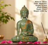 Seated brass Buddha statue with Bhumisparsha mudra, multicolor robe accents, front view