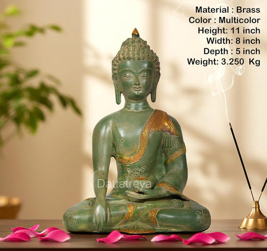Brass Bhumisparsha Mudra Buddha Statue (Height: 11 Inch)