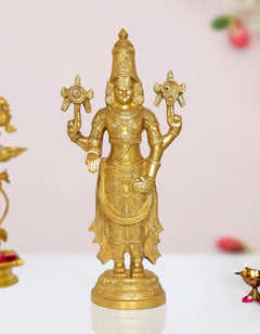 Brass Balaji idol statue, four arms, ornate detailing, standing on round base