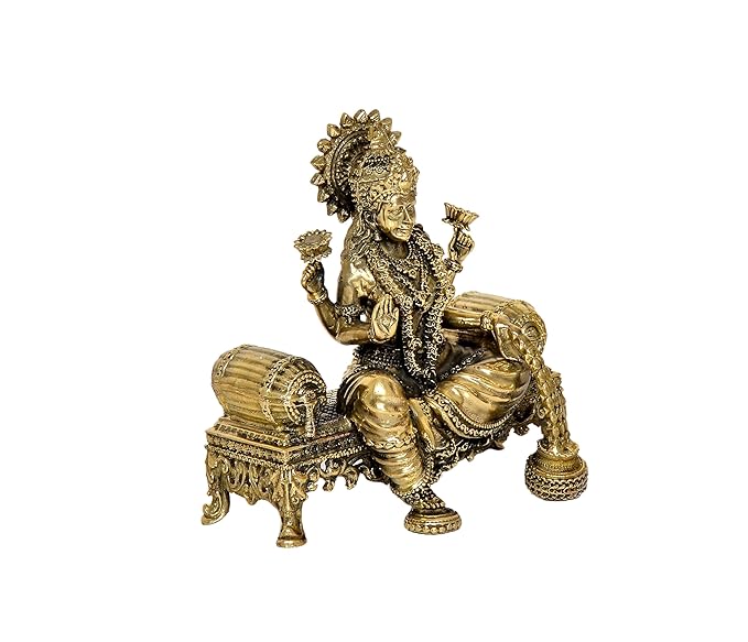 Brass Lakshmi Idol Laxmi Goddess Lakshmi Sitting Statue in Blessing Position for The Puja Temple at Home in Brass (Height: 4 Inch)