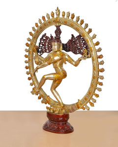 Brass Natraj Lord Shiva dancing idol, side view of ornate halo and maroon base