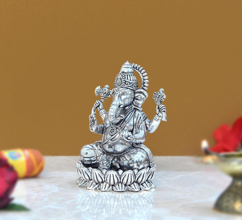 Bronze Lord Ganesha Sitting On Lotus Ganpati Idol Vinayak Religious Statue for Home Decor Mandir Pooja Decorative Showpiece, (Height 4 Inch)