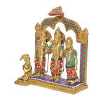 Brass Ram Darbar statue idol from side view with three figures and small golden seated figure
