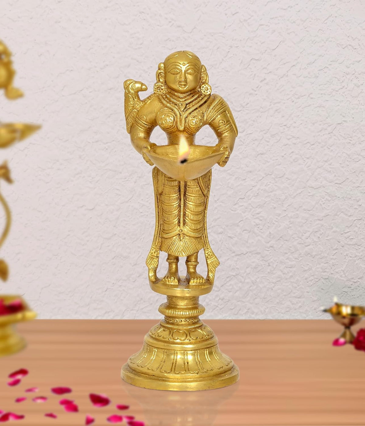Brass Lakshmi Deepam Diya, 8 inch: sitting deity holds oil lamp bowl
