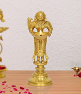 Brass Lakshmi Deepam Diya, 8 inch: sitting deity holds oil lamp bowl