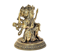 Brass Panchmukhi Hanuman idol, angled view showing multiple faces and arms