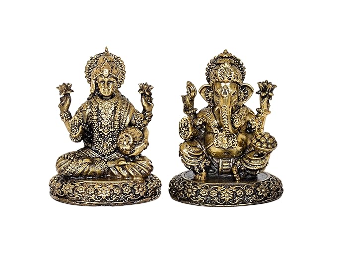 Brass Sitting Lakshmi Ganesh Idol Statue Murti for Diwali Pooja, Height : 3 inch