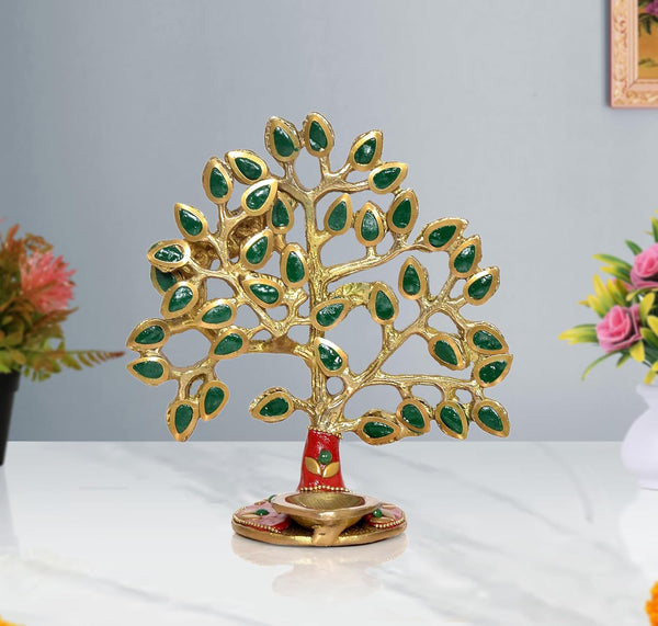 Brass Kalpavriksha Tree Table Standing with Stonework for Home Decor and Ofice Teble Decor Figurine (Height: 6 inch) (Multicolor Tree 2)