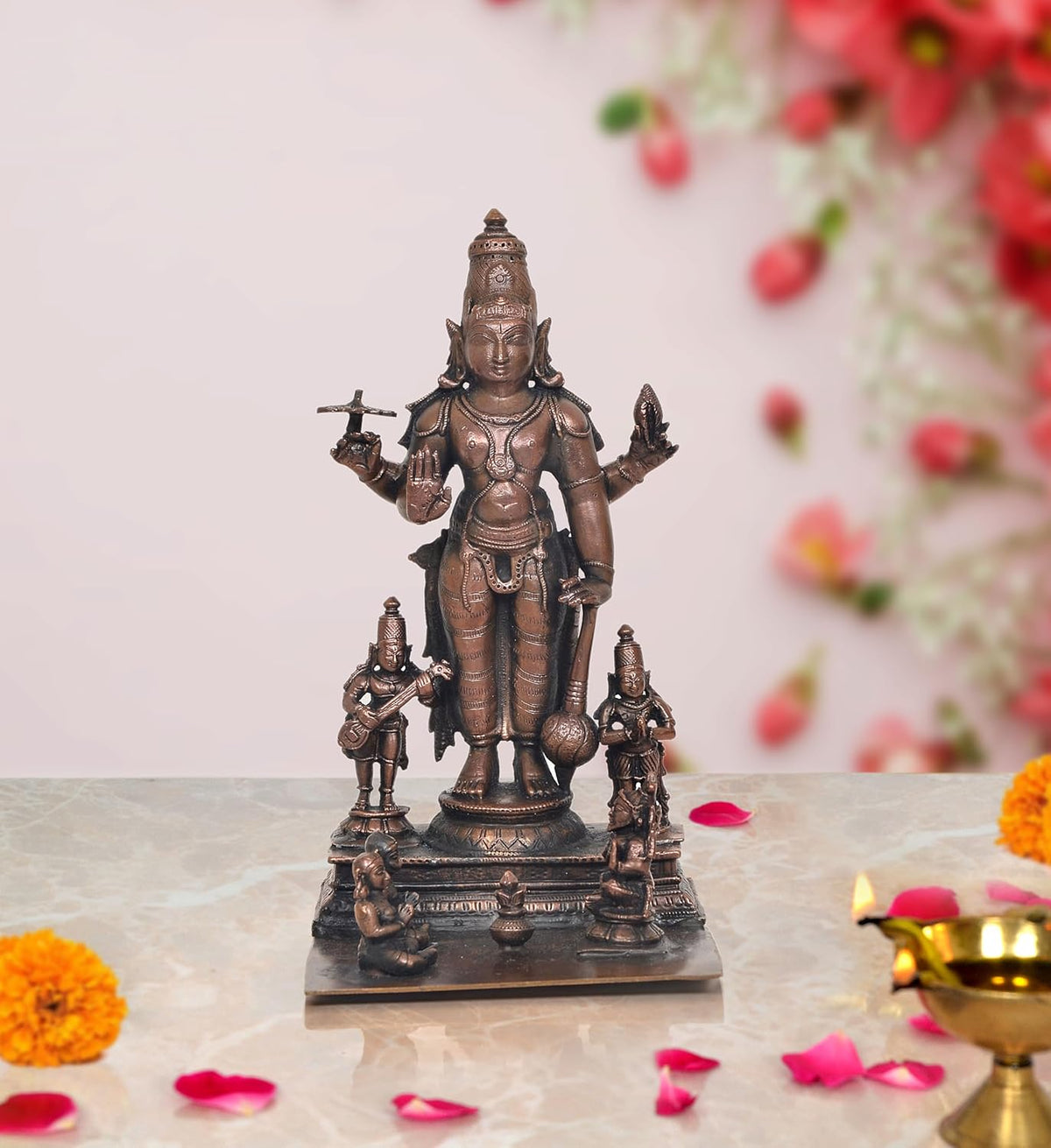 Copper Sathya Narayana Swamy Vishnu idol, 6.5 inch, standing with side attendants