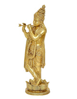 Krishna brass flute idol figurine, side view showing crown, robe and lotus base
