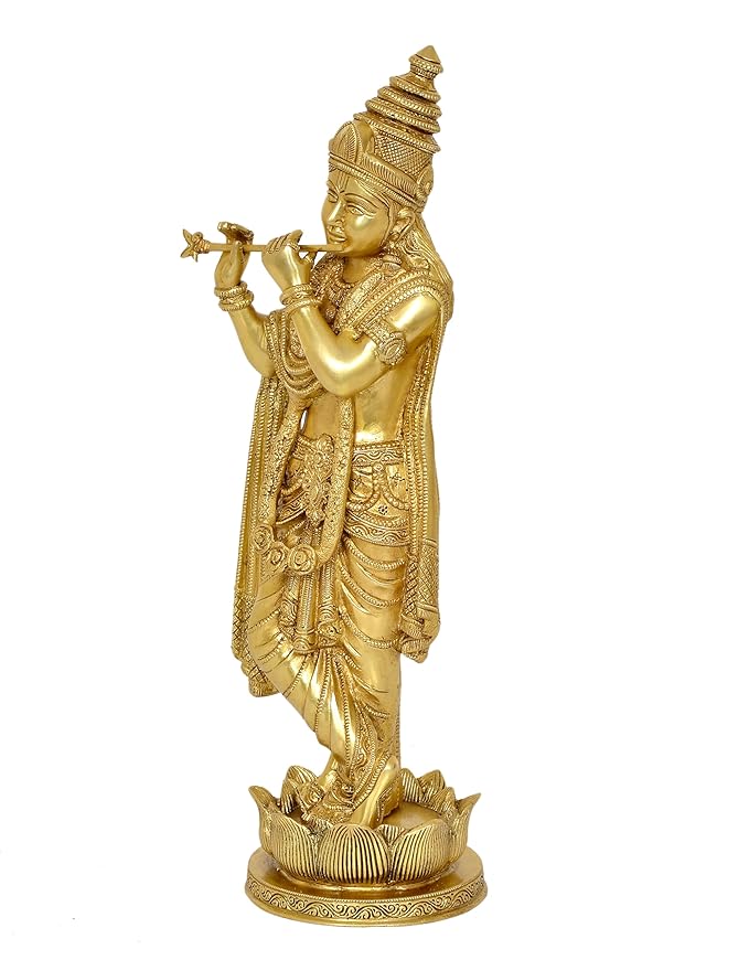 Brass Lord Krishna Idol Figurine Sculpture Playing Flute Statue Decorative Showpiece, (Height 17 Inch)