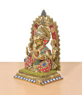 Brass Ganpati Bappa murti, side profile, multicolor embroidered-style adornments