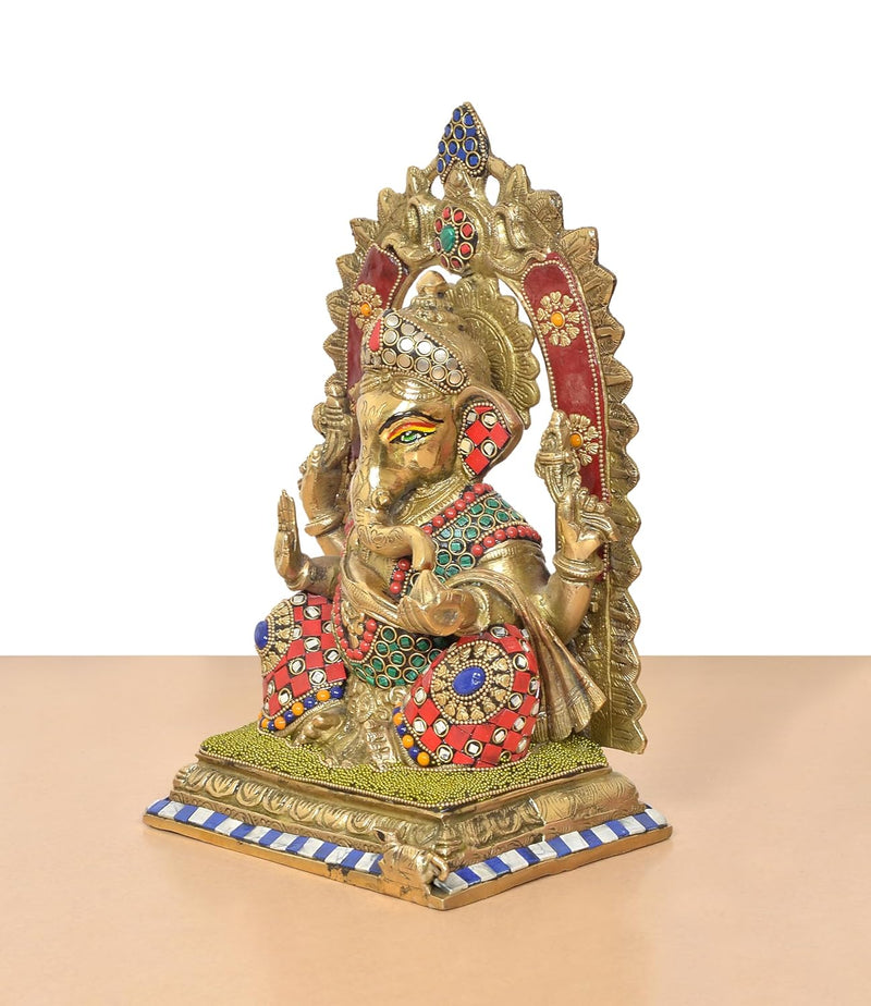 Brass Handcrafted Ganpati Bappa Murti (Height 12 Inch) (Multicolor 1)
