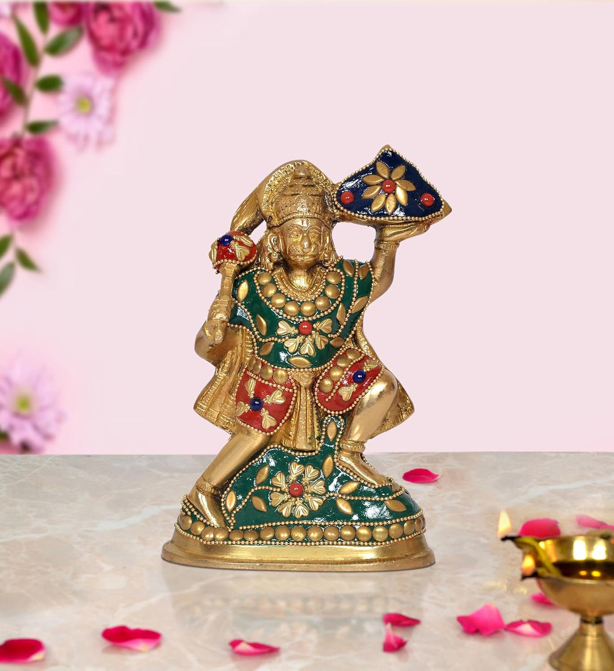 Brass Hanuman idol statue, 6-inch, detailed enamel in green and red