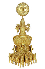 Brass sun chariot statue with seated deity and 7-horse team, 13 in height