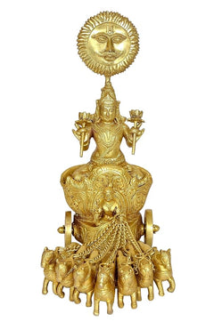 Brass sun chariot statue with seated deity and 7-horse team, 13 in height
